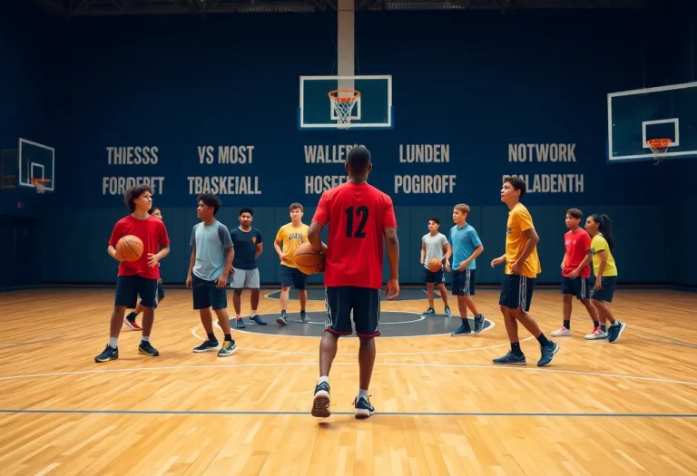 High school students practicing basketball on a court