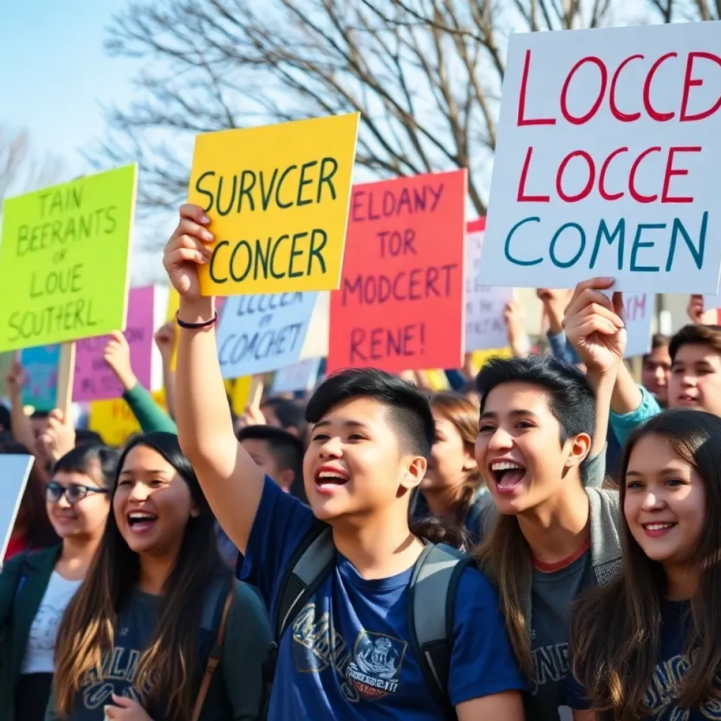 Students rallying with signs in support of their former soccer coach outside a school.
