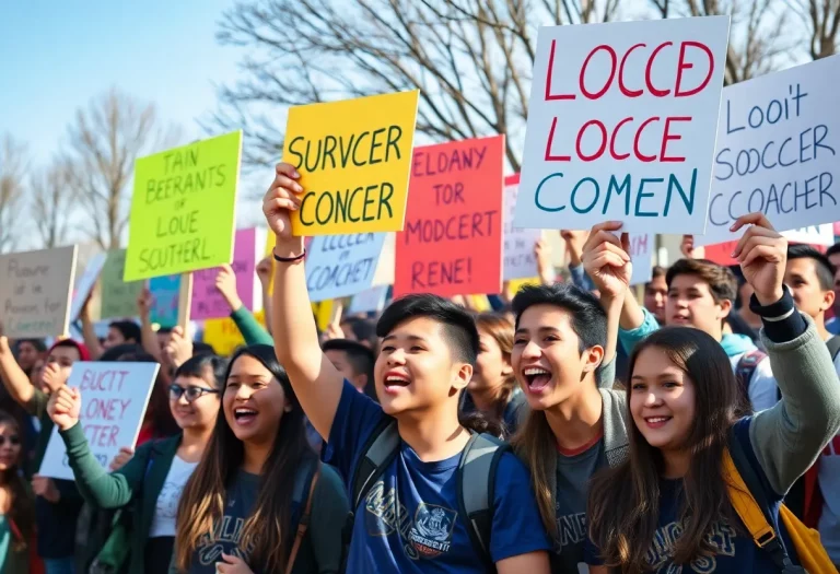 Students rallying with signs in support of their former soccer coach outside a school.