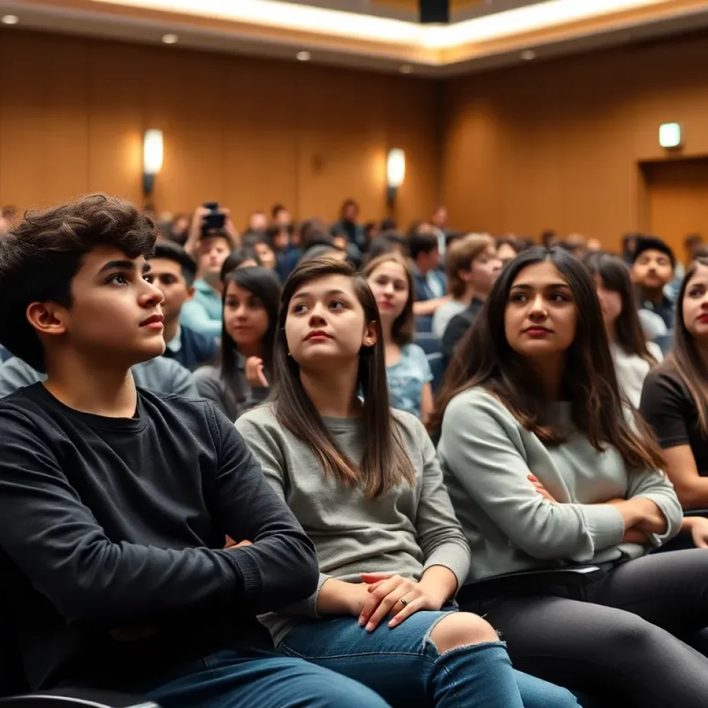 Students in an auditorium listening to a motivational speaker about overcoming addiction