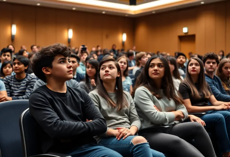 Students in an auditorium listening to a motivational speaker about overcoming addiction