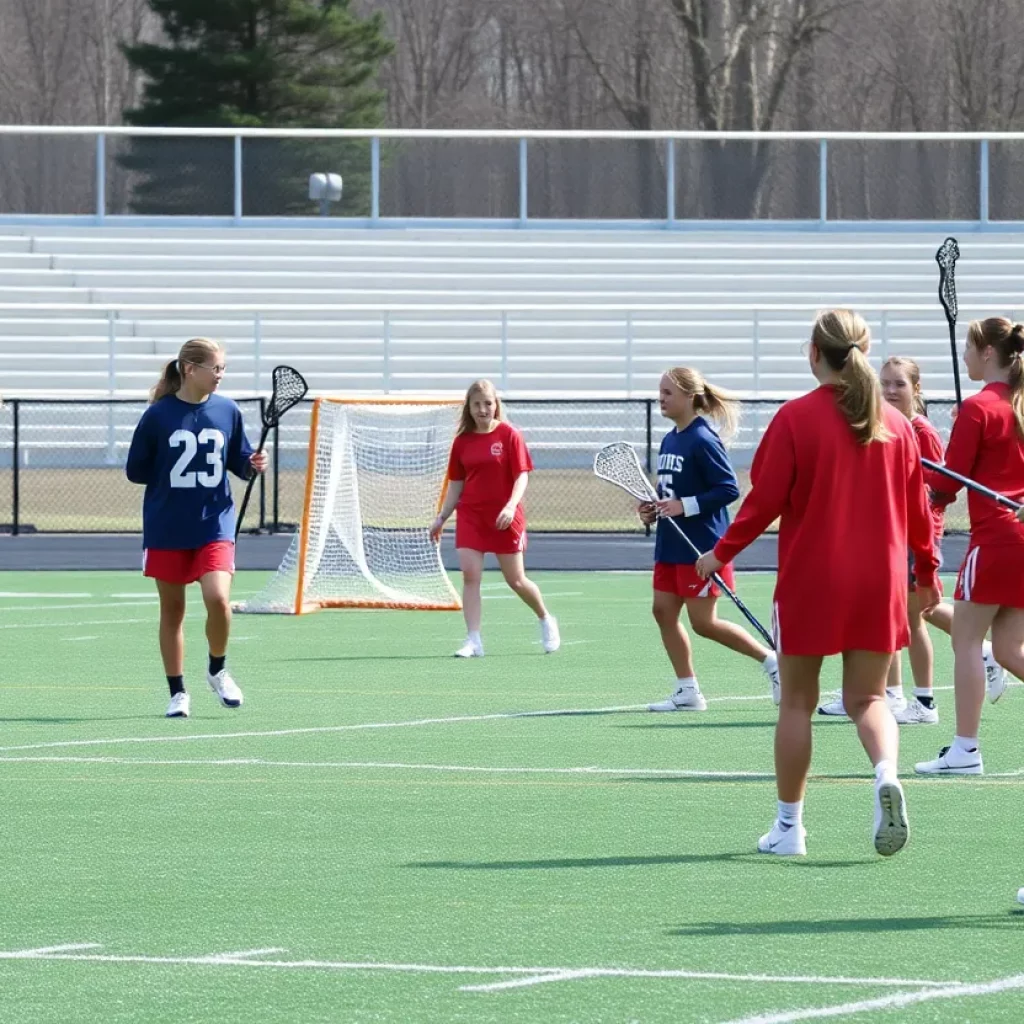 Team practicing on the lacrosse field in a supportive environment