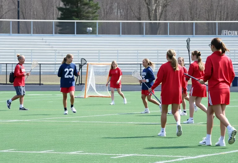 Team practicing on the lacrosse field in a supportive environment