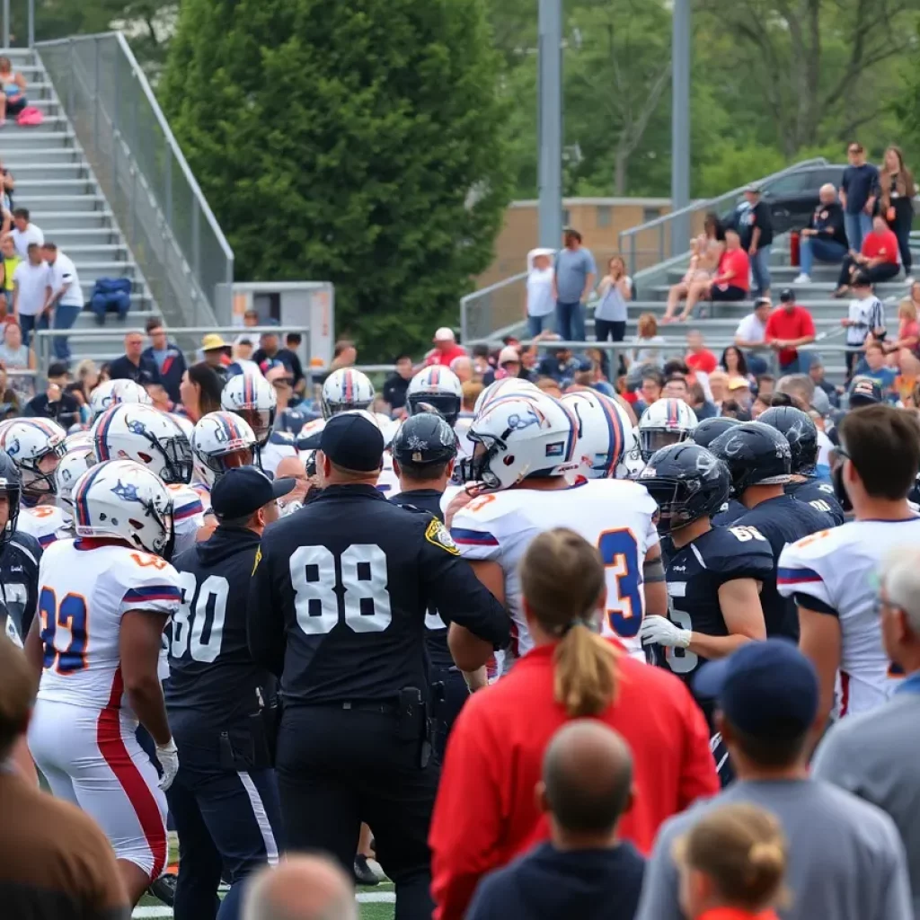 Police officers monitoring a chaotic scene at a football showcase