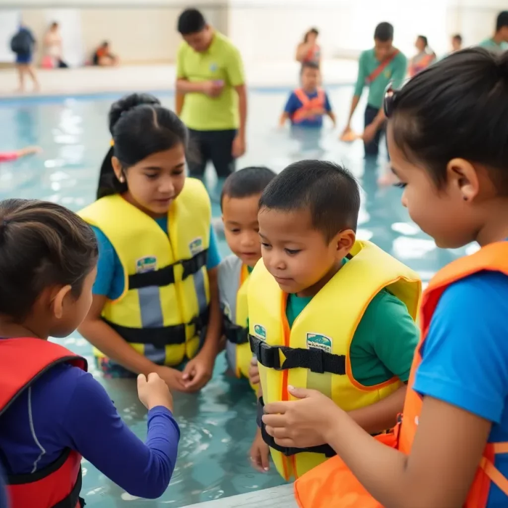 Community members participating in a water safety event for children