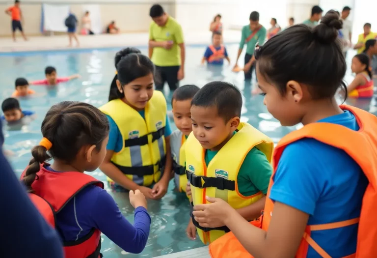 Community members participating in a water safety event for children
