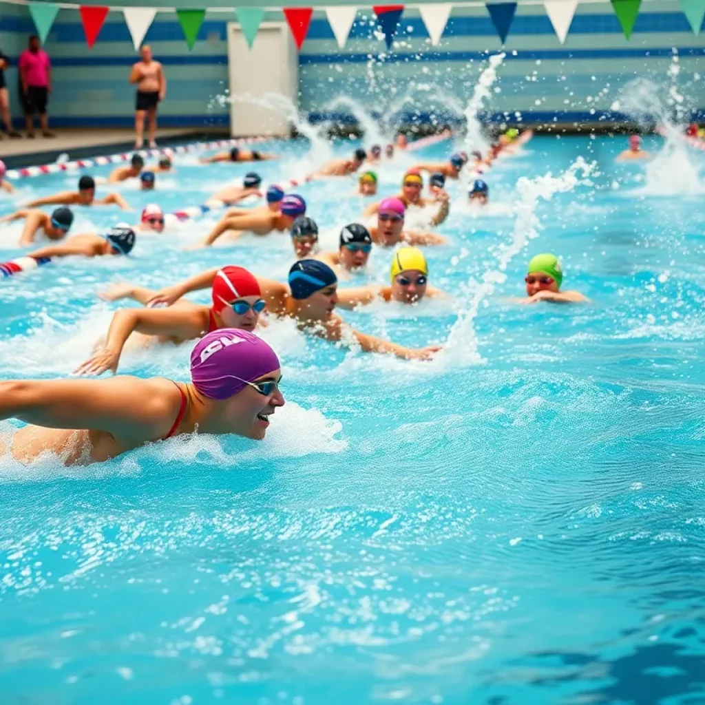 High school swim teams in competition
