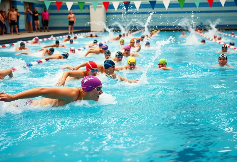 High school swim teams in competition