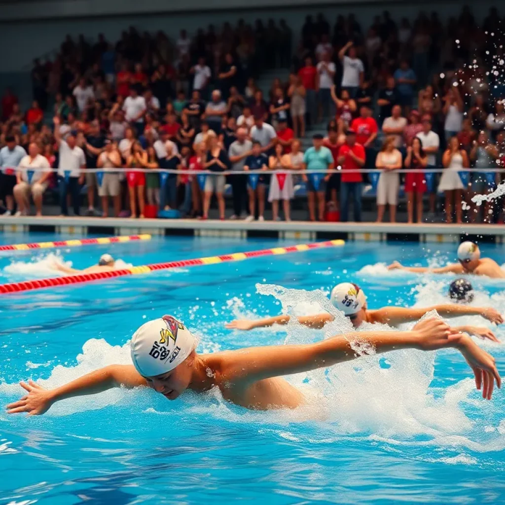 Swimmers competing at a vibrant swimming pool