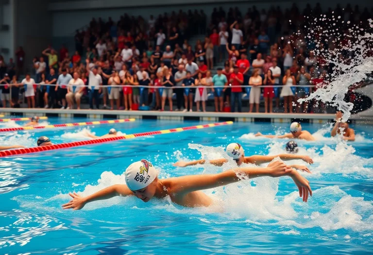 Swimmers competing at a vibrant swimming pool