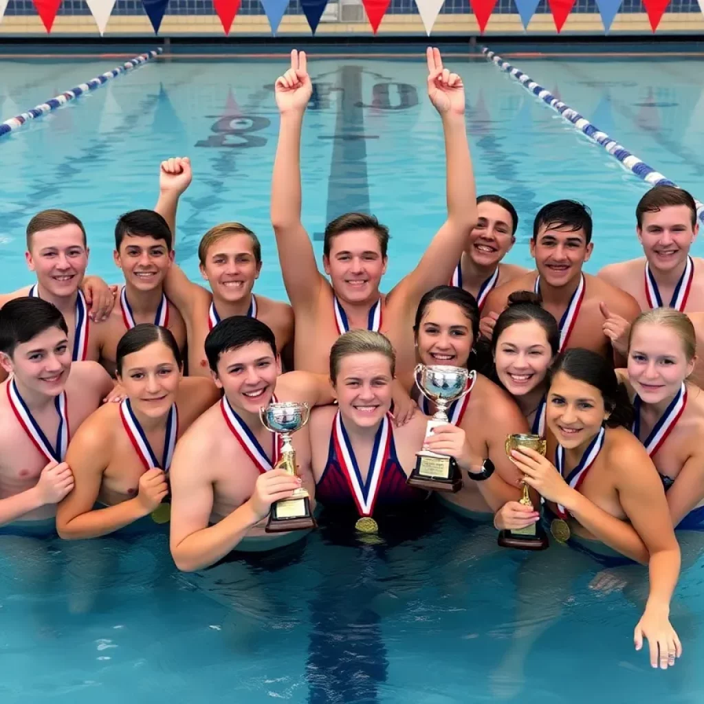 High school swimmers celebrating victory