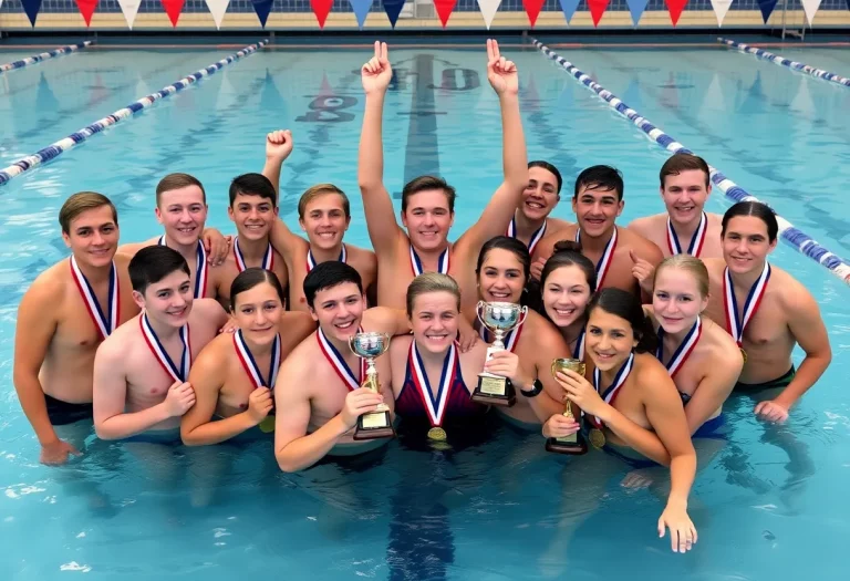 High school swimmers celebrating victory