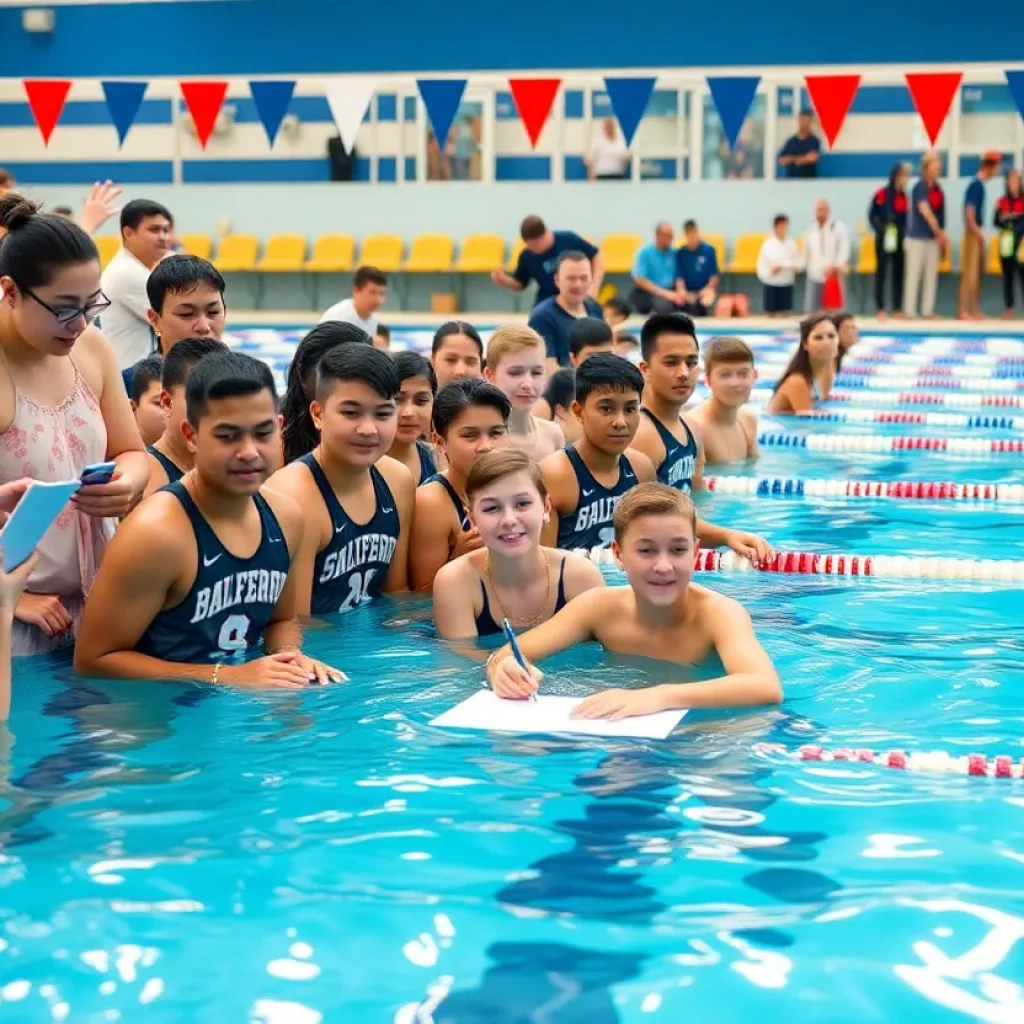 Young swimmers at a signing ceremony celebrating their college commitments.