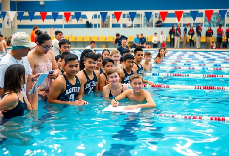 Young swimmers at a signing ceremony celebrating their college commitments.