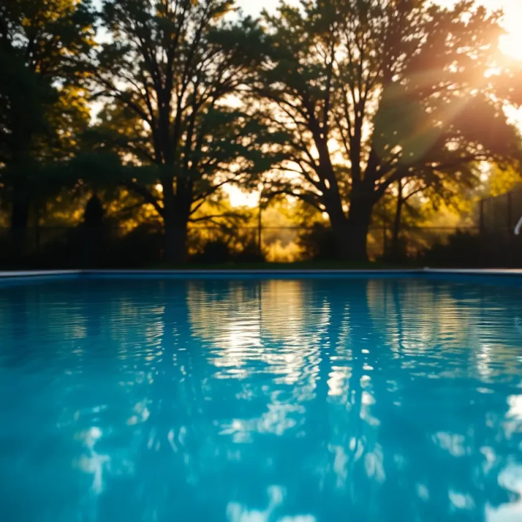 A tranquil swimming pool reflecting sunlight, symbolizing a coach's farewell.