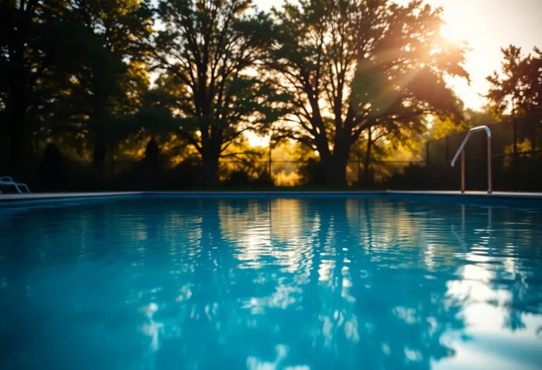 A tranquil swimming pool reflecting sunlight, symbolizing a coach's farewell.