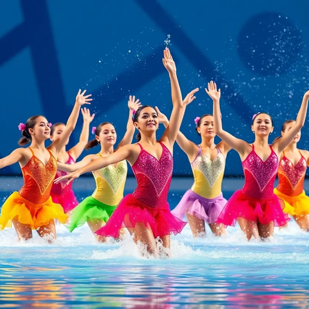 Synchronized swimmers performing in a pool during A Synchro Love Story show.