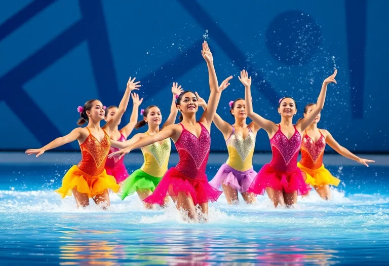 Synchronized swimmers performing in a pool during A Synchro Love Story show.
