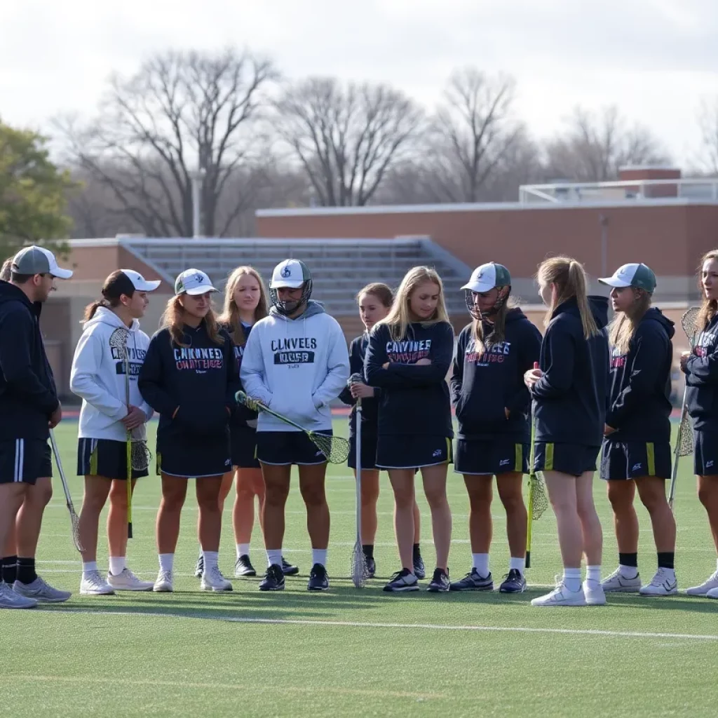 Lacrosse players discussing on a high school field