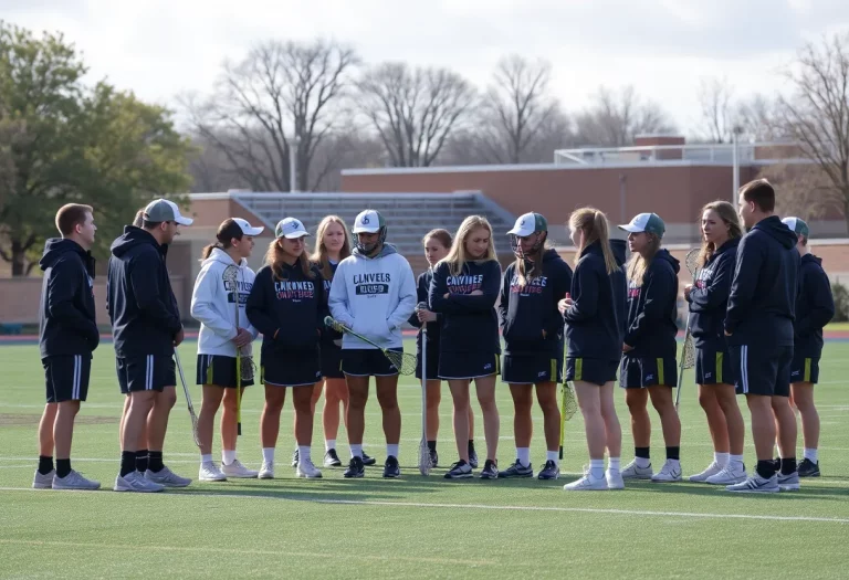 Lacrosse players discussing on a high school field