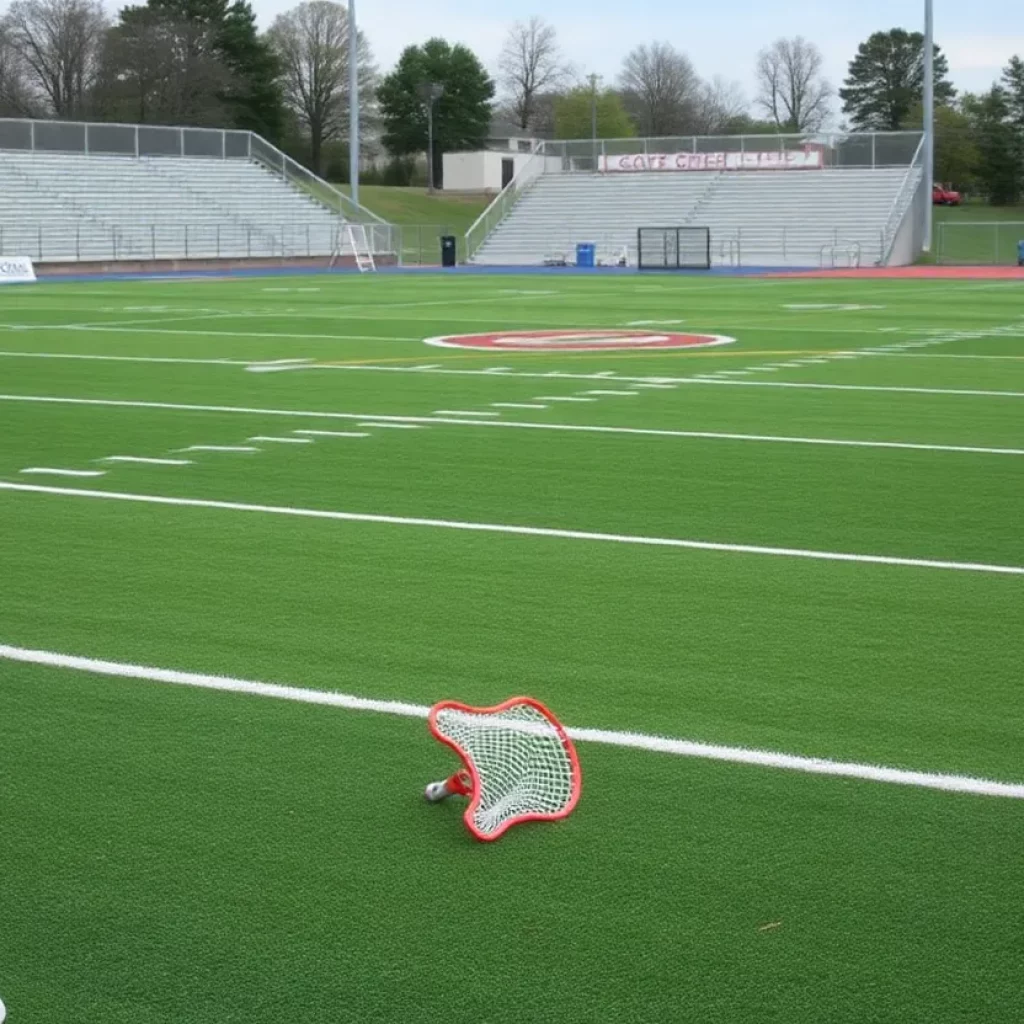 An empty lacrosse field with scattered equipment representing the impact of a hazing incident.