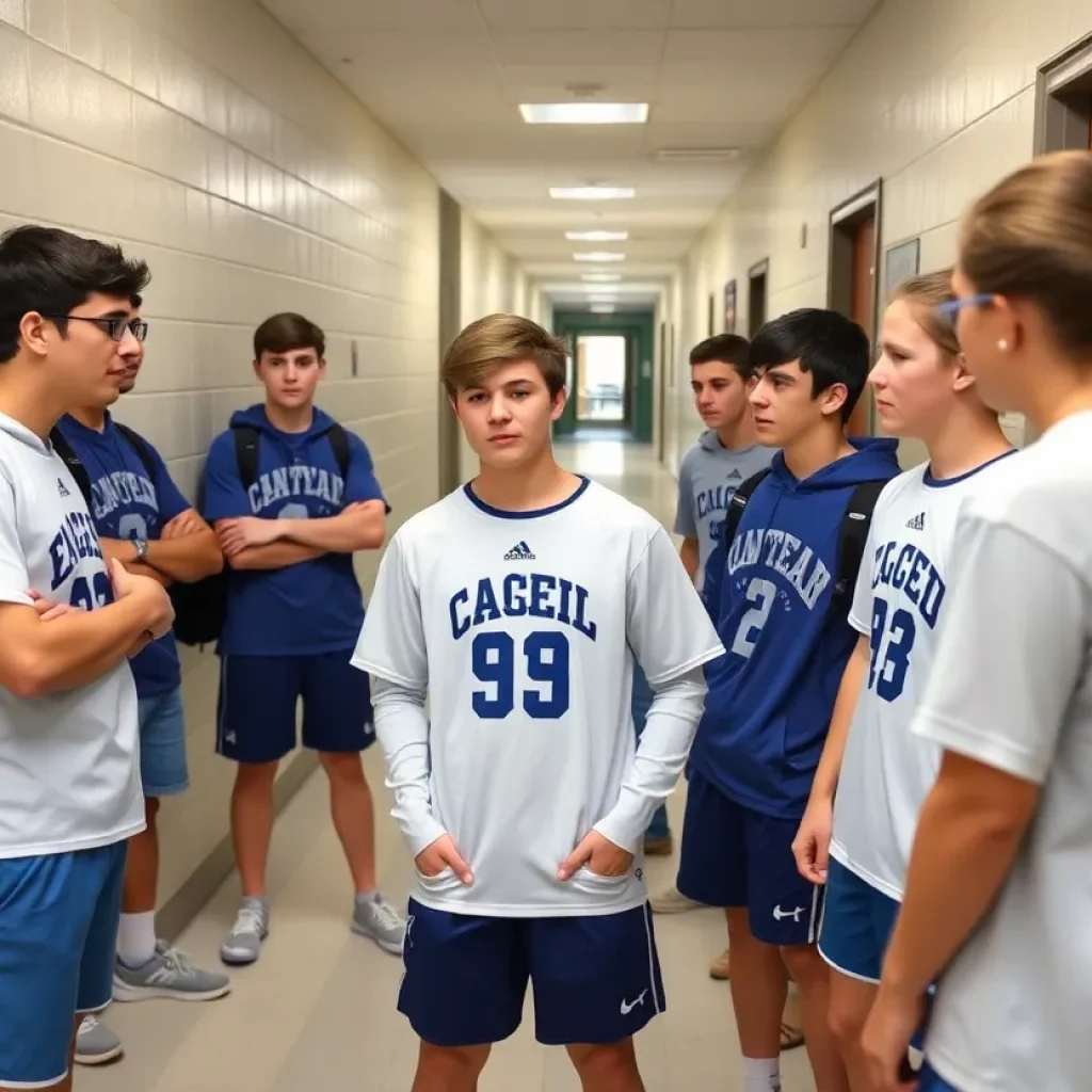 Illustration of a high school lacrosse team surrounded by a serious atmosphere related to a hazing incident.