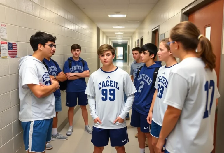 Illustration of a high school lacrosse team surrounded by a serious atmosphere related to a hazing incident.
