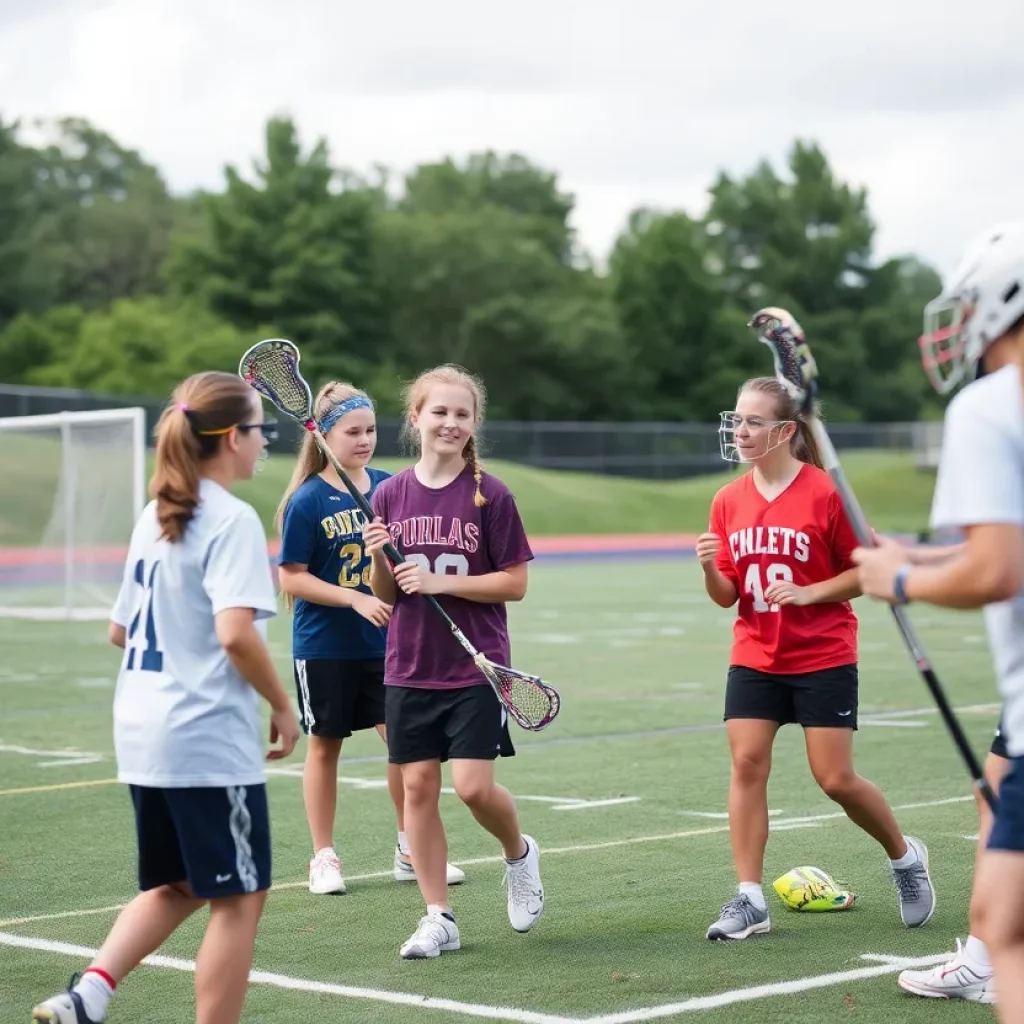High school lacrosse players practicing together
