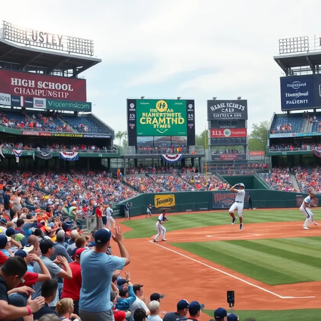 Fans enjoying the Texas UIL State Baseball Championships with players in action.