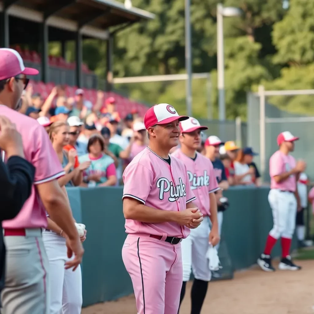 Players in pink jerseys playing baseball with cheering crowd in the background.
