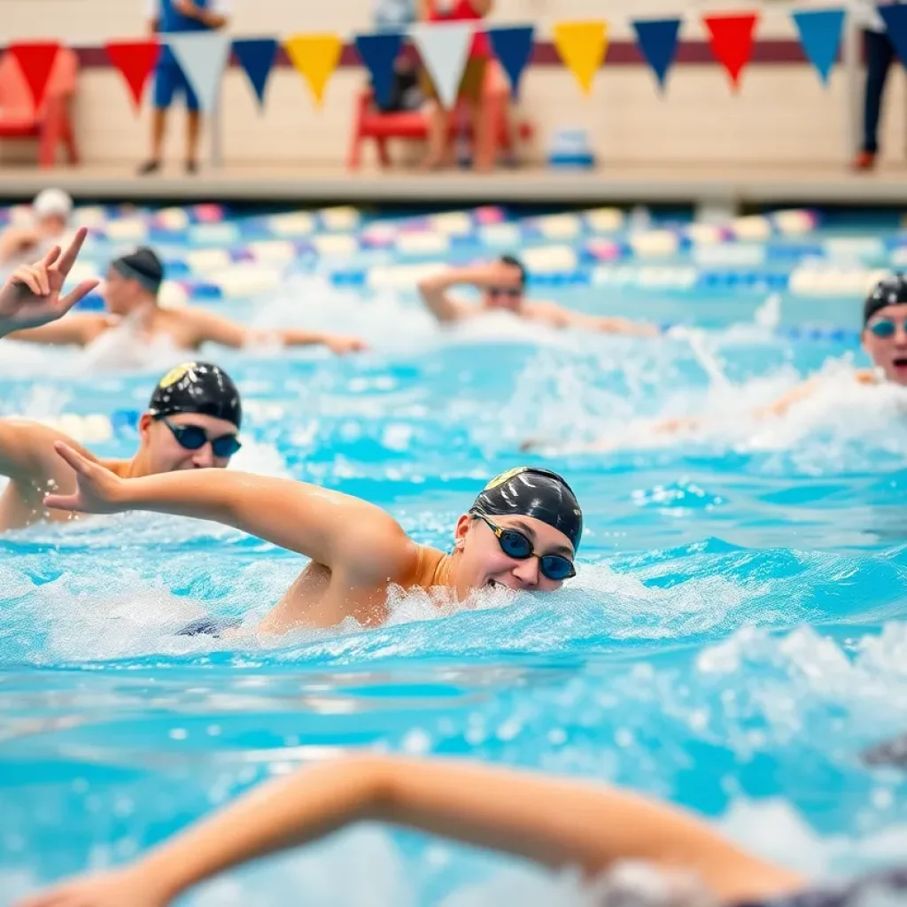 High school swimmers racing in a competitive swimming meet