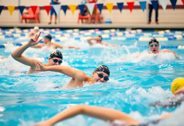 High school swimmers racing in a competitive swimming meet