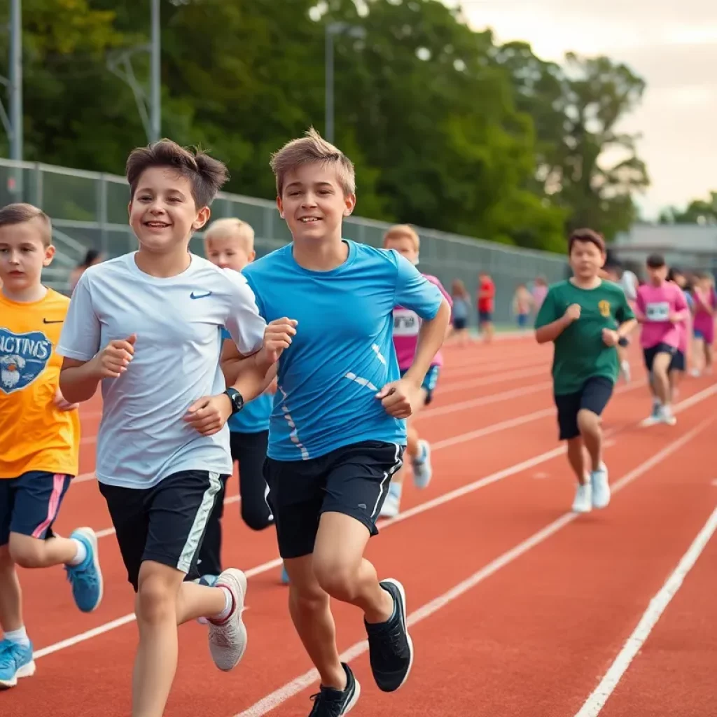 Young athletes competing at a middle school track meet, celebrating their coach's milestone.