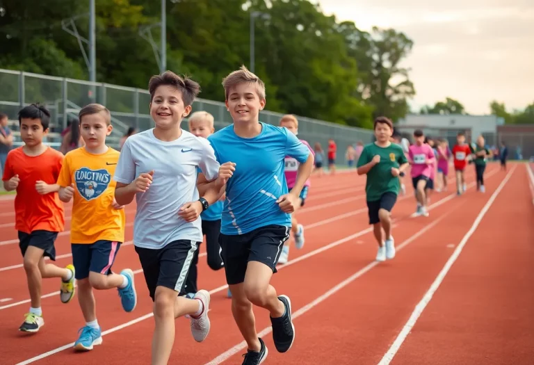 Young athletes competing at a middle school track meet, celebrating their coach's milestone.