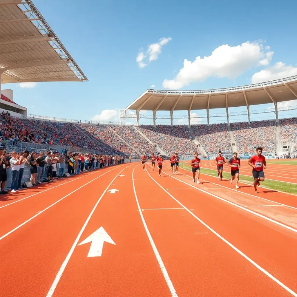 Athletes competing at a track and field championship event