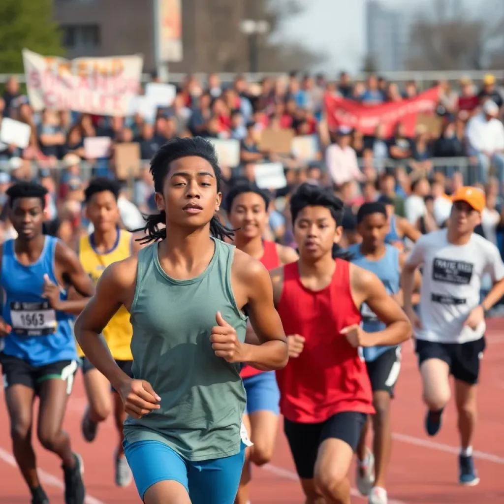 A diverse group of athletes competing in high school track and field championships with spectators and protest signs in the background.