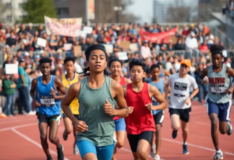 A diverse group of athletes competing in high school track and field championships with spectators and protest signs in the background.