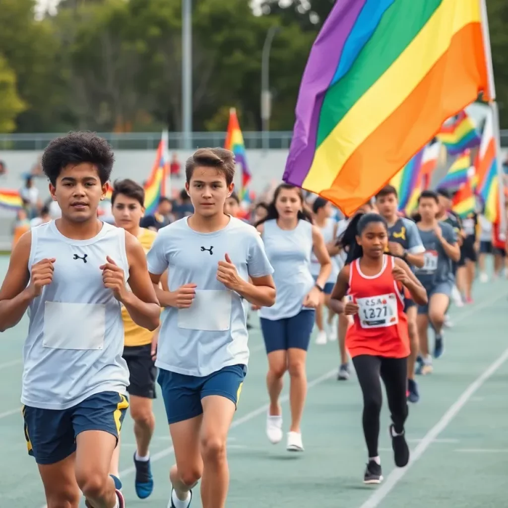 Diverse students competing in a vibrant track meet with pride flags.