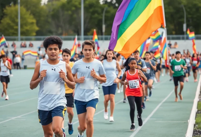 Diverse students competing in a vibrant track meet with pride flags.