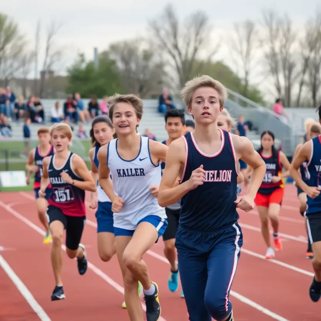 Athletes competing at a high school track meet with spectators cheering.