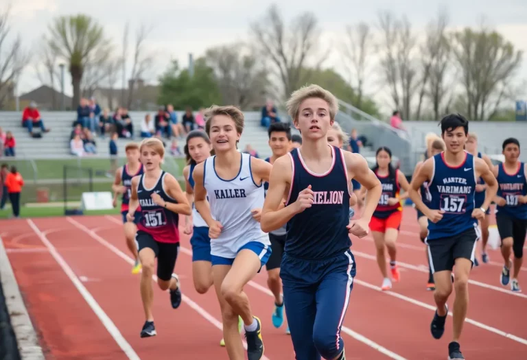 Athletes competing at a high school track meet with spectators cheering.