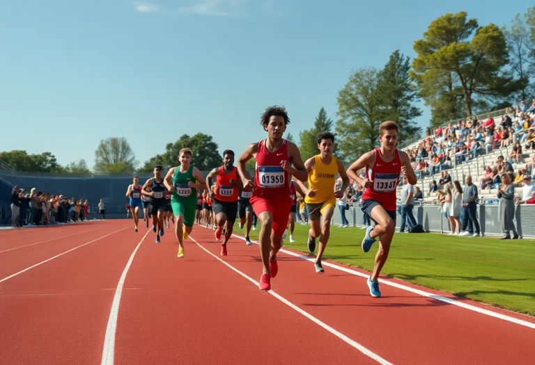 Athletes competing in a track meet with enthusiastic spectators.