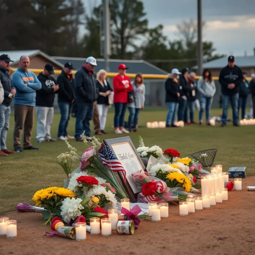 Community members pay tribute in memory of Coach Joel Gafford at a baseball field.
