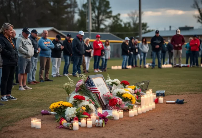Community members pay tribute in memory of Coach Joel Gafford at a baseball field.