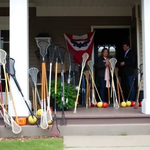Lacrosse sticks and balls on porches as a tribute
