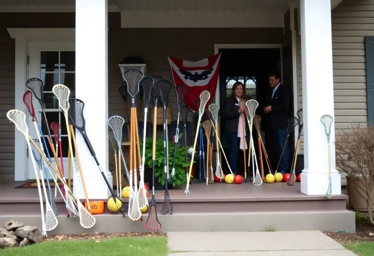 Lacrosse sticks and balls on porches as a tribute