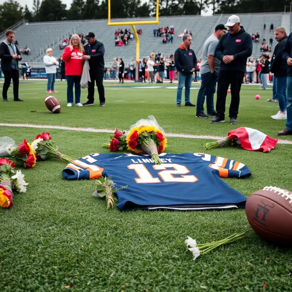 Community tribute on a football field for a lost athlete