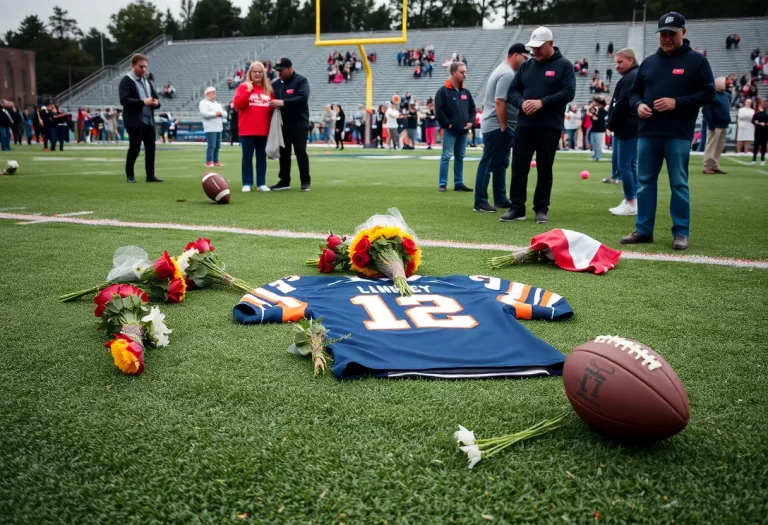 Community tribute on a football field for a lost athlete