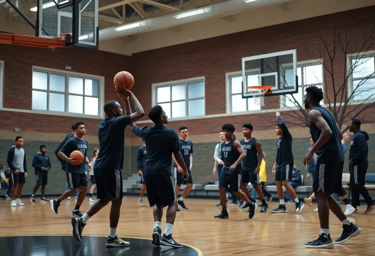 College basketball players practicing on the court at UAA.