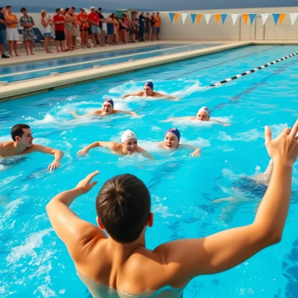 Swimmers competing in a community swimming pool